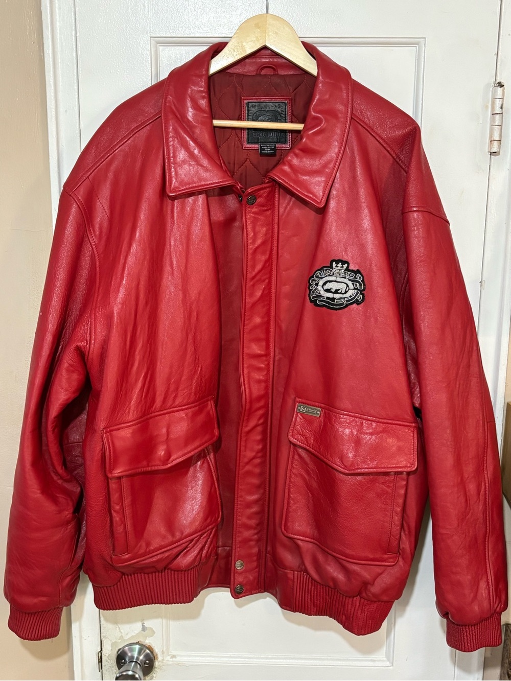 Ecko Unlimited Red Leather Bomber Jacket with Patch Vintage Classic Men’s.